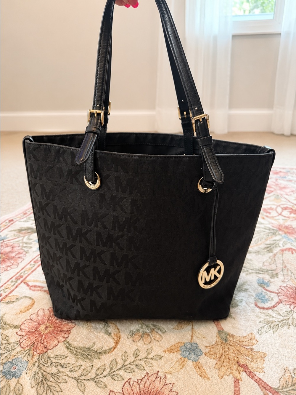 Michael Kors Black MK Monogram Tote with Gold Charm